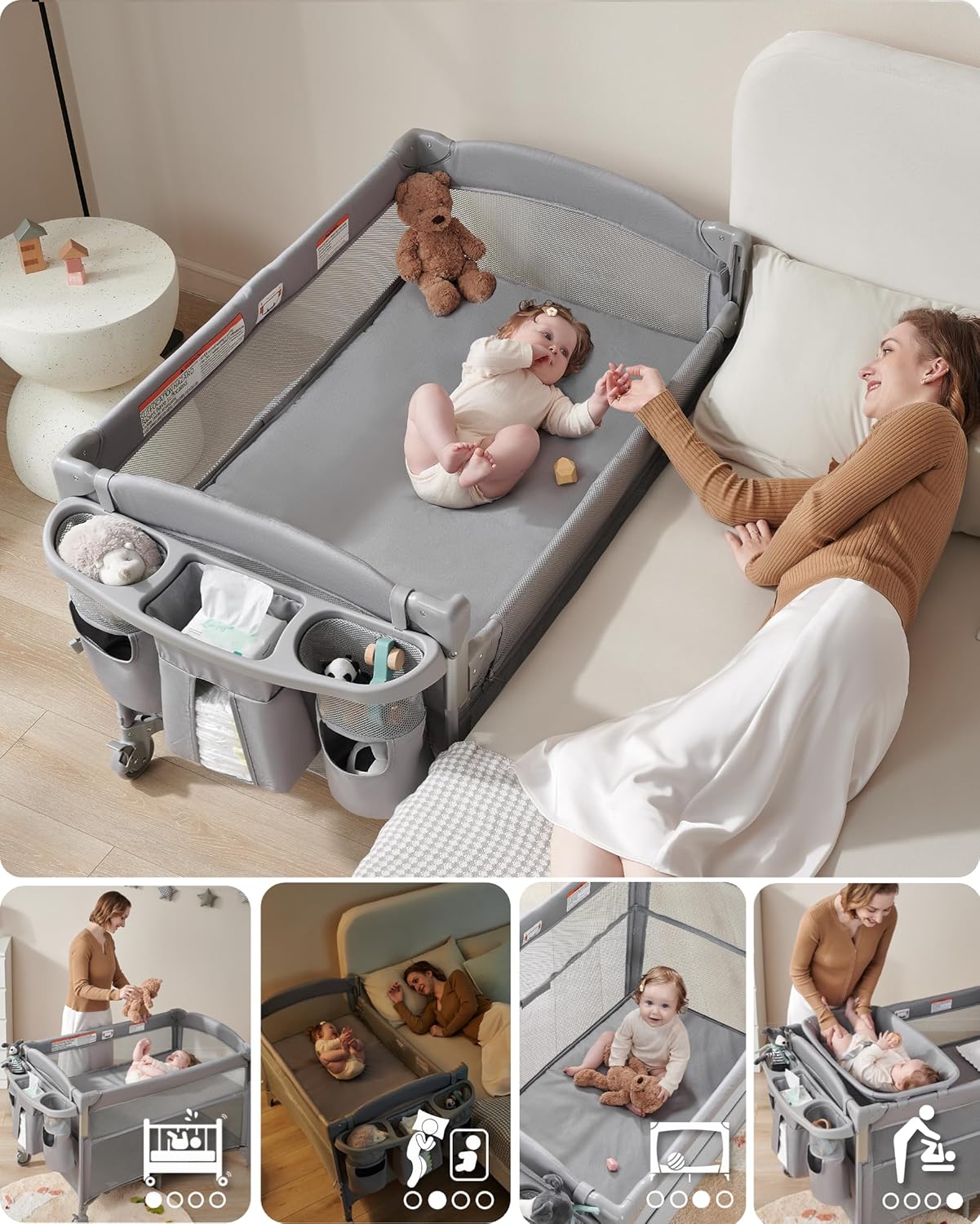 AirClub 4 in 1 Baby Bassinet Bedside Sleeper, 4 Functions Crib, Playard, Portable Changing Table, Bassinet for Newborn Baby, Bedsaide Bed w/Wheels&Brakes