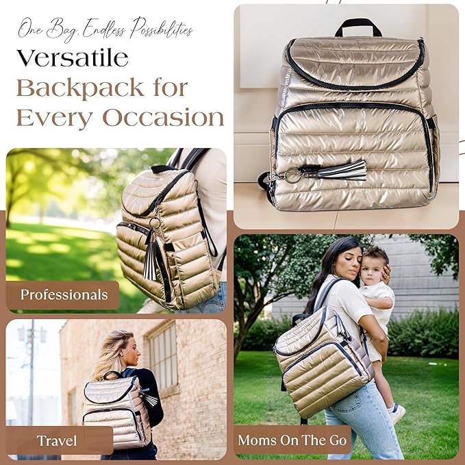 Citi Collective Gallery Diaper Bag Backpack - Casual Day-to-Day Backpack Fits 15" Laptop - Travel Bag with Multiple Compartments, Pockets, Portable Changing Pad, and Shoulder Strap-Gold