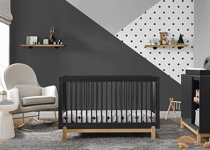 Delta Children Poppy 6-Piece Baby Nursery Furniture SetIncludes: Convertible Crib, Dresser, Changing Top, Mattress, Sheets, & Changing Pad, Midnight Grey w/Natural