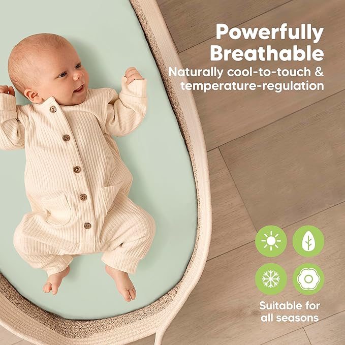 2-Pack Baby Bassinet Sheets Girl, Boy - 33x17 Viscose Derived from Bamboo Bedside Mattress Fitted Bassinet Sheets, Compatible with Halo Bassinest Swivel Sleeper, Baby Delight, Graco (Sage)