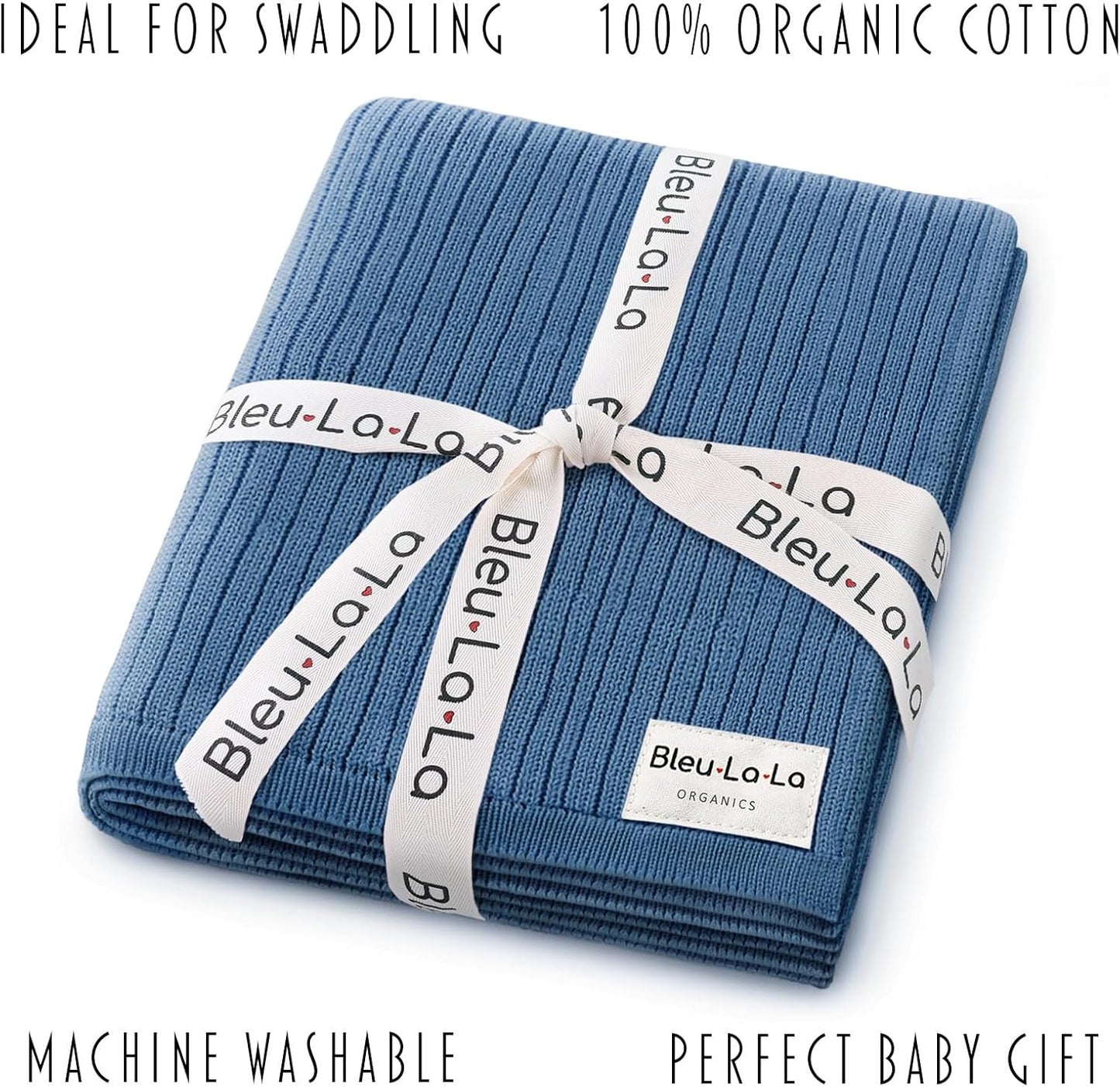 Organic Ribbed Swaddle Blanket for Boys & Girls - 100% Luxury Organic Soft Cotton Knit Warm Cozy Cuddle Stroller Crib Blanket for Newborns, Infants, & Toddlers (Denim Blue)