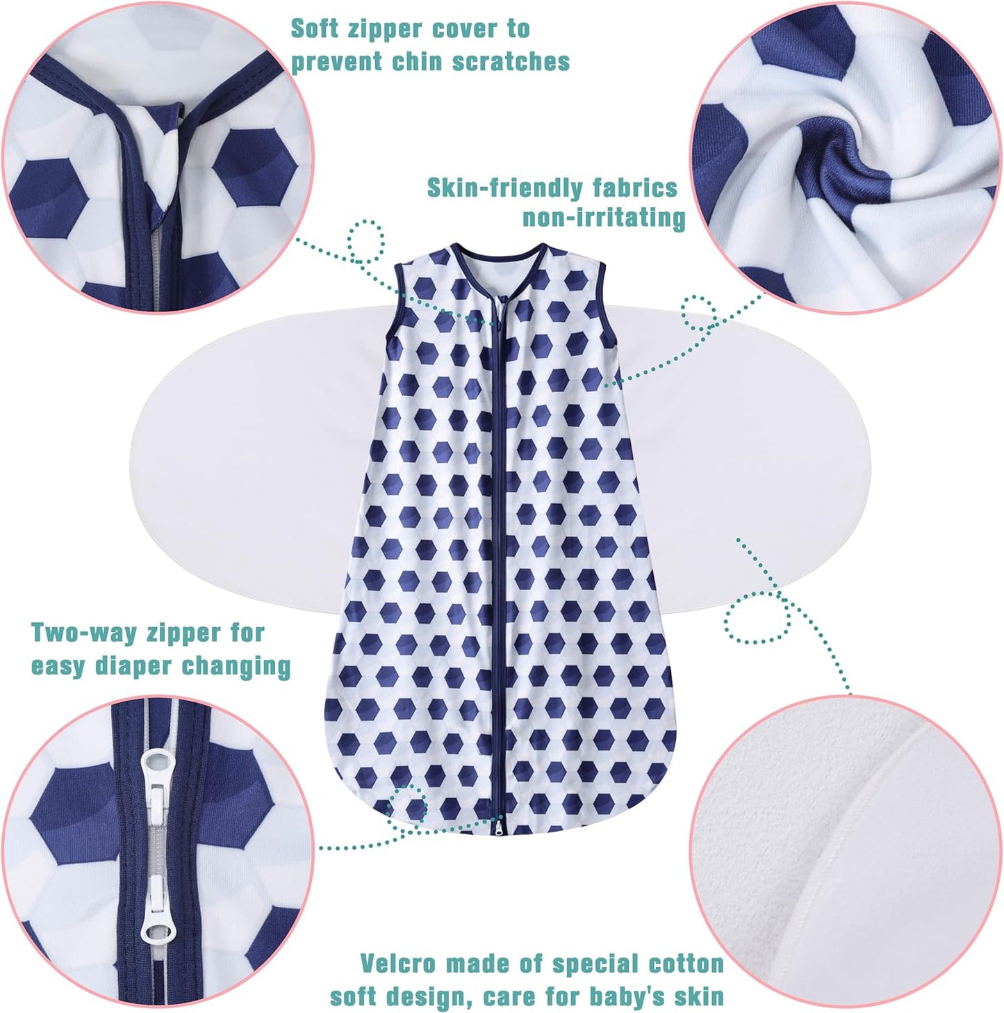 Newborn Sleep Sack Baby Swaddle,3-Way Adjustable Wearable Blanket,100% Rayon Cotton Swaddling Sleeping Bag，TOG 0.5 (Soccer & Triangles, 6-12 Months)