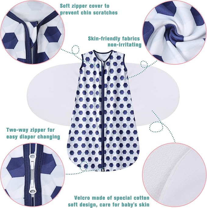 Newborn Sleep Sack Baby Swaddle,3-Way Adjustable Wearable Blanket,100% Rayon Cotton Swaddling Sleeping Bag，TOG 0.5 (Soccer & Triangles, 3-6 Months)