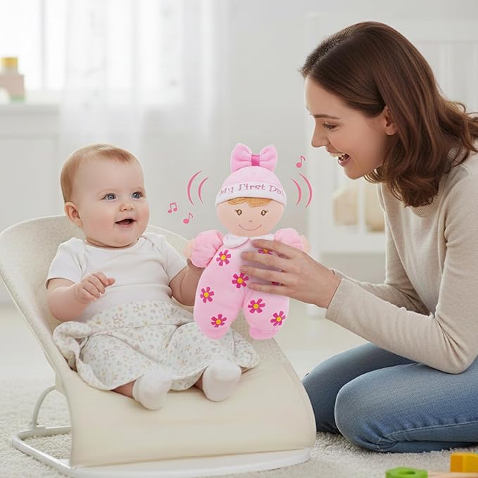 June Garden 9" My First Doll Sienna - Soft Plush Baby Doll with Rattle - Pink Outfit