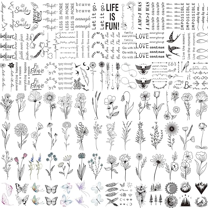 100 Sheets Realistic Temporary Tattoos, 240+ Pcs Multicolor Modern Floral & Inspirational Words Tattoos, Waterproof, 3+ Kids