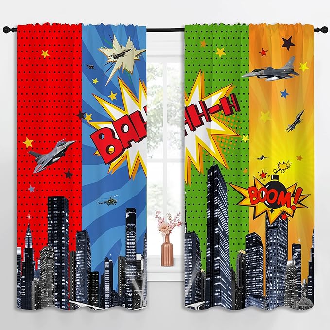 Superhero Rod Pocket Blackout Curtains for Boy Girl Bedroom, City War Explosion Comics Art Thermal Insulated Home Window Drapes for Living Room Darkening, 55x63 inch