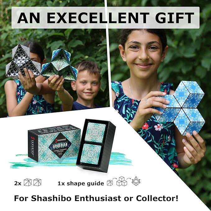 SHASHIBO Shape Shifting Box - Award-Winning, Patented Fidget Cube w/ 36 Rare Earth Magnets - Transforms Into Over 70 Shapes, Gift Box, Download Fun in Motion Toys Mobile App (Undersea, 2 Pack)