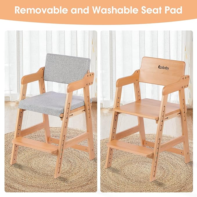 Ezebaby Wooden High Chair, Adjustable Highchair for Toddlers to Teens with Steps, Kids Dining Chair, Study Chair with Removable Cushion (Natural Color)