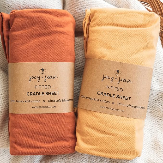 Cradle Sheets Fitted 18 x 36 Inch – Snuggly Soft 100% Jersey Cotton – Mustard Yellow + Burnt Orange – 2 Pack
