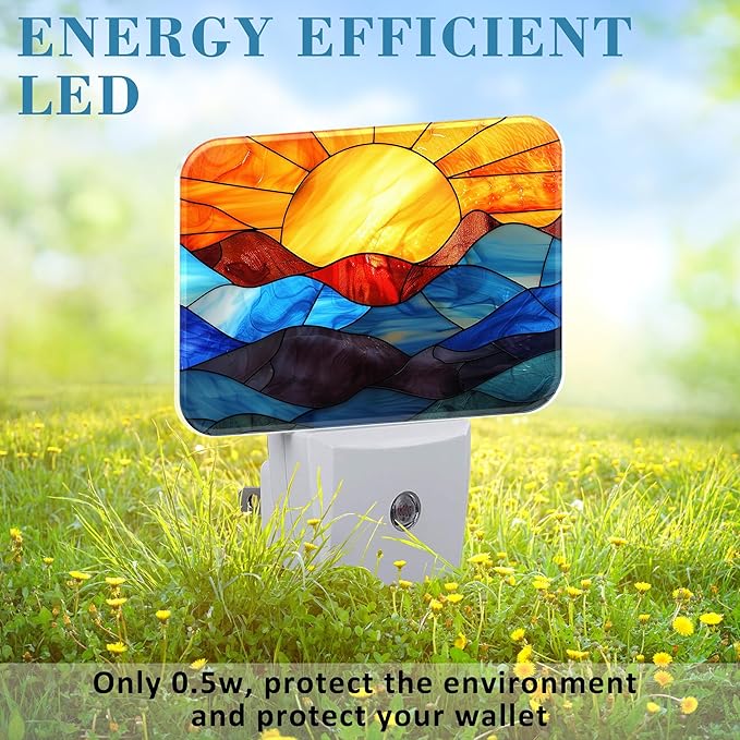 Stained Glass Sunset Night Light Plug into Wall, Colorful Glass Mountains Night Light with Dusk to Dawn Sensor for Kid Girls Boys Women Men Room, Hallway, Kitchen, Bathroom, Stairs Decor