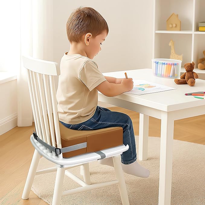 Toddler Booster Seat for Dining Table, 2 Elastic Seat Belts, Anti-Scratch PU Skin-Friendly, Waterproof, Anti-Wrinkle, Detachable Non-Slip Bottom - Brown