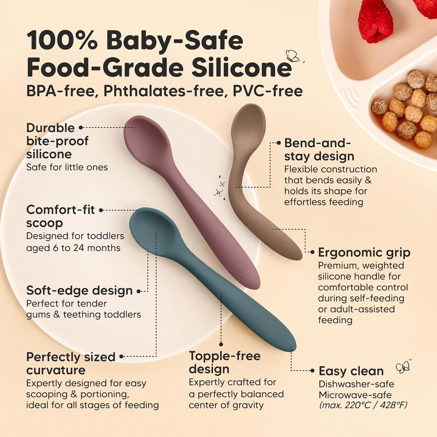 KeaBabies Silicone Baby Spoons, Self Feeding 6-12 months - 3-Pack Baby Weaning Eating Utensils, Toddler First Food Training Spoon, Infant, Kids Feeding Supplies Essential Set, Dishwasher-safe (Rocky)