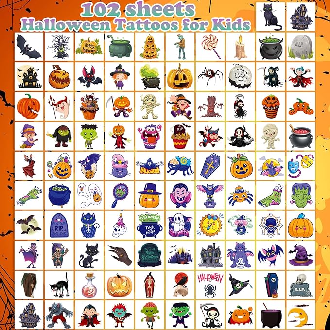 102 PCS Halloween Individually Wrapped Temporary Tattoo for kids - Pumpkin/Ghost/Candy Temporary for Girls Boy Body Arm Shoulder Tattoos Stickers,Halloween Decorations,Party Supplies