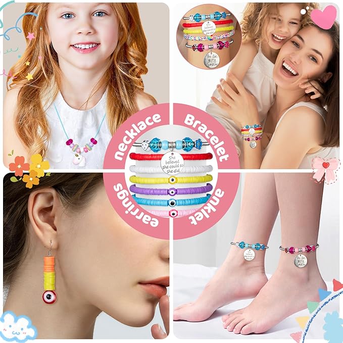 Charm Bracelet Making Kit - 2400+ Pcs Jewelry Making Kit with Clay Beads, Letter Beads, Smiley Face, Evil Eye, Fruit Charms, Unicorn Mermaid Pendants & Charm-Style Beads for DIY Bracelets & Necklaces