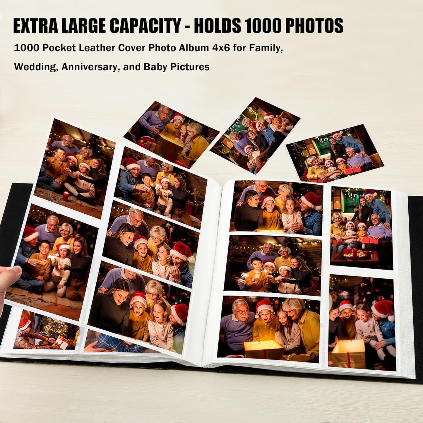 Aevdor 1000 Pockets Photo Album 4x6, Extra Large Capacity Leather Cover Wedding Family Photo Albums Holds 1000 Horizontal and Vertical Photos, Acid-free Pages 4x6 Photo Album with Front Window (Black)