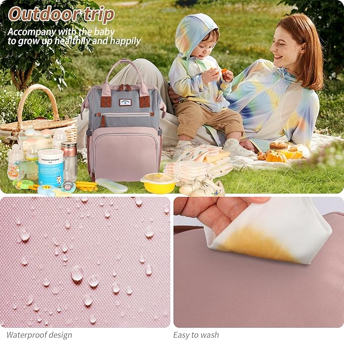 Diaper Bag Backpack: Tote Baby Bag for Boy and Girl, Large Mommy Bag Insulated Pockets Charger Holes for Men and Women, Nappy Bag for Baby Airplane Traveing Pink Gray