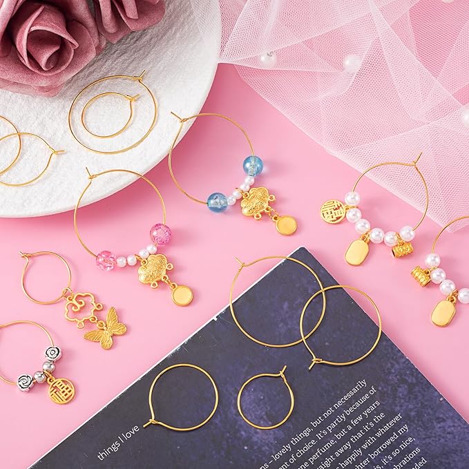 Pndeyo 120pcs Hypoallergenic Earring Beading Hoops, 20mm 25mm 30mm 35mm Round Hoop Earrings Findings, Open Earring Wire Ring Accessories for Jewelry Making- Gold