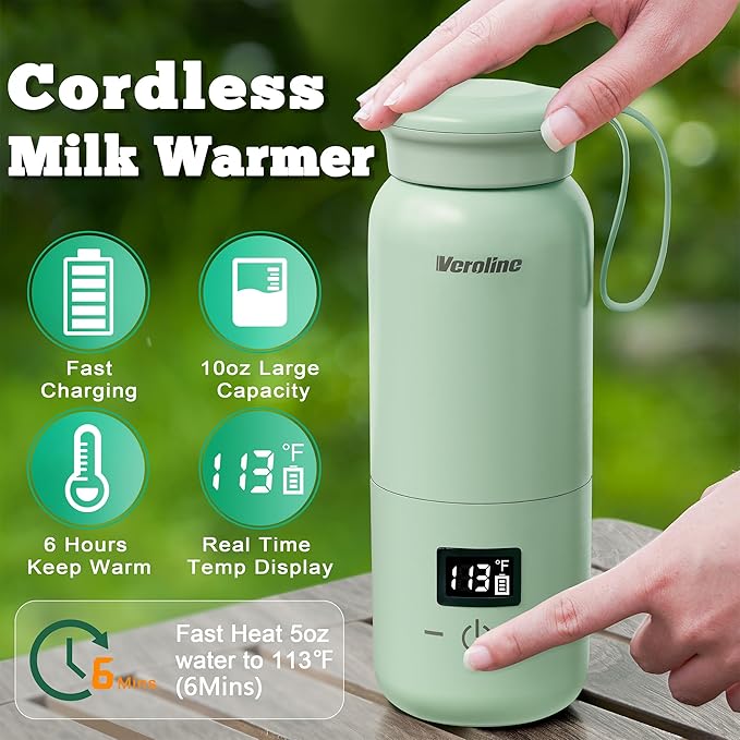 Portable Bottle Warmer for Travel, Baby Bottle Warmer with Adjustable Temp & Keep Warm for Formula, Breastmilk, Super Fast Charging & Rechargeable Milk Warmer, Cordless Water Warmer