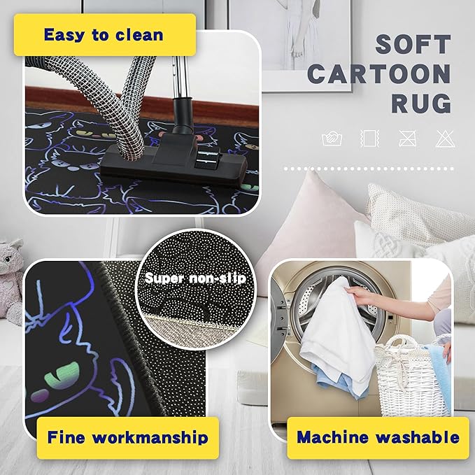 Black Play Cat Rug for Playroom for Boys Girls 2x3 Funny Cute Cat Cartoon Decor for Bedroom Living Room Non-Slip Comfy Floor Casual Mat Carpet Washable