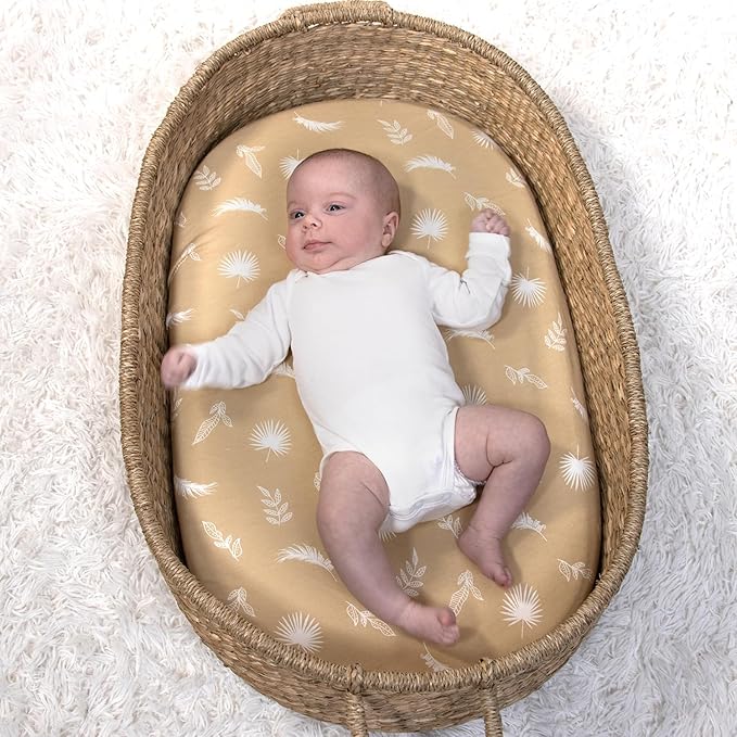 The Peanutshell Baby Organic Bassinet Sheets 4-Pack Boy or Girl - Ultra Soft & Rectangle Baby Sheet, 100% Jersey Cotton, Fitted Covers for Crib, Halo Bassinet Mattress - Caramel Safari