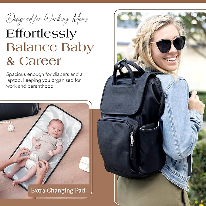 Citi Collective Explorer Black Diaper Bag Backpack - Vegan Leather Diaper Bag with Shoulder Strap, Insulated Bottle Pockets, Changing Pad, Stroller Clip- Versatile Diaper Bag for Baby