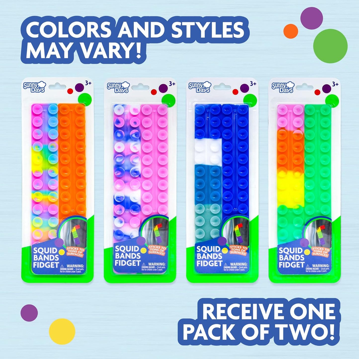 Sunny Days Entertainment Squid Pop Bands Fidget - 2 Pc Suction Cup Sensory Toy | 10 Inches Long with Satisfying Pop | Receive 1 Pack of 2 | Colors and Styles May Vary