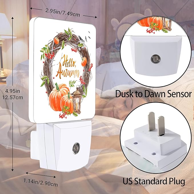 Hello Autumn Night Light, Pumpkin Plug into Wall with Dusk to Dawn Light Sensors, Warm Nightlights for Bedroom, Bathroom, Hallway, Kitchen, Gifts Ideal for Boys Girls Women Men