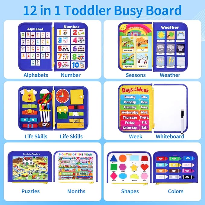 12-Page Toddler Busy Board Montessori Toys, Busy Book for Toddlers, Boy Girl Birthday Gift,Toddler, 24 in 1 Activity Sensory Toys for Motor Skills, Travel Toy for Car Airplane (Blue)