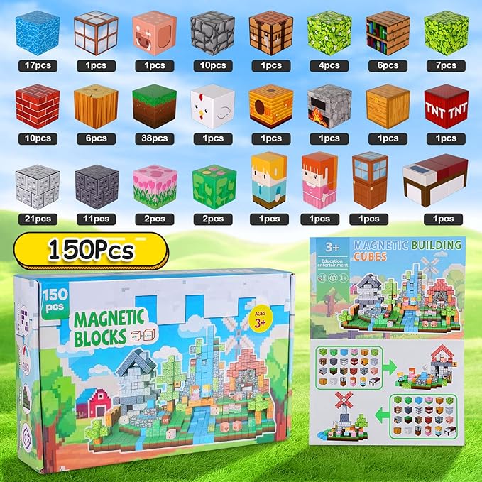 150PCS Magnetic Building Blocks, 1 Inch Magnetic Cubes for Kids Ages 3-8, STEM Montessori Toys, Creative Construction & Stacking Toys, Educational Magnetic Blocks for Boys & Girls