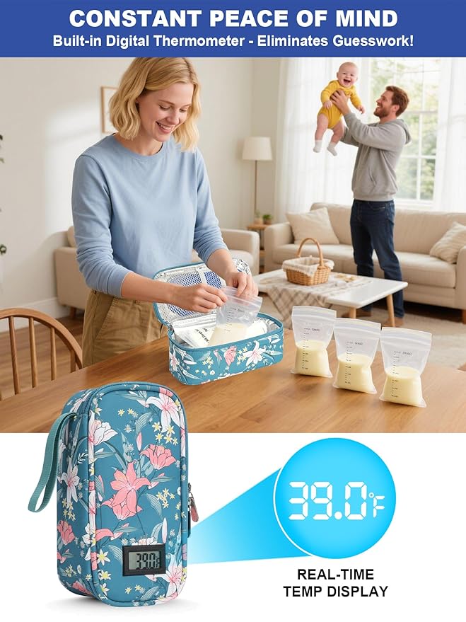 YOUSHARES Breastmilk Cooler Travel Bag with Digital Thermometer, Small Insulated Baby Milk Storage with 2 Ice Packs, Daycare and On-the-Go Moms （Lily）