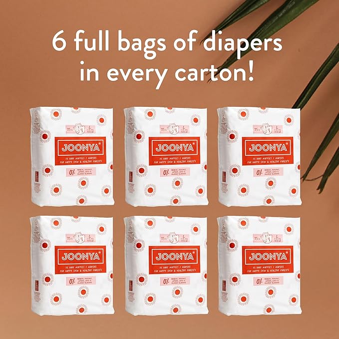 Joonya Baby Diapers, Size 4 L (15-31 lb) - 6 Bags of 25 (150) - New Range - NonToxic, Eco-Friendly, Ultra Slim, Overnight Use - Made in Denmark