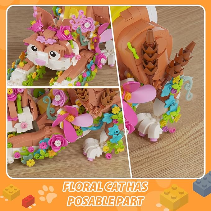 JOJO&Peach Cat and Flower Building Toy Set for Girls, Animals Plant Model Ideas Birthday for Women Adults Teens Age 8 9 10 11 12+ (1038 Pieces)