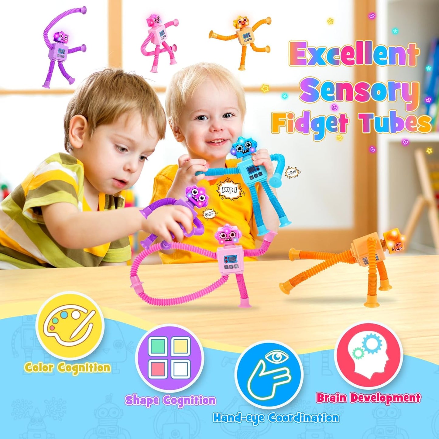 Robot Fidget Toys for Kids : 4 Pack LED Robotic Pop Tubes Telescopic Suction Cup Sensory Toy for 2 3 4 5 6 7 8 Year Old Boys Girls Christmas Birthday Gifts for Kid Ages 2-4 Toddler Travel Toy