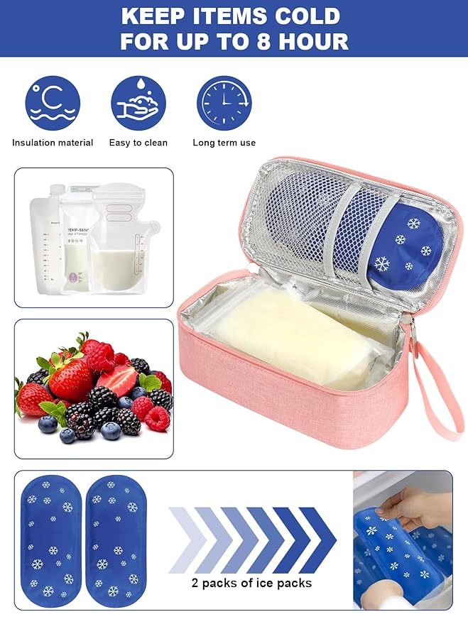 YOUSHARES Breastmilk Cooler Travel Bag with Digital Thermometer, Small Insulated Baby Milk Storage with 2 Ice Packs, Daycare and On-The-Go Moms （Pink）