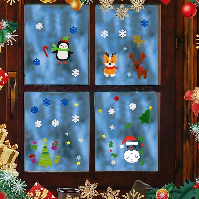 6Pcs Christmas Thick Gel Clings, Christmas Clings Window Stickers Supplies for Children Jelly Window Stickers, Cute Pumpkins Witch Bats Window Clings Easy to Paste Xmas Window Decors Supplies