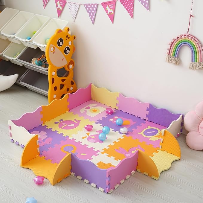 Foam Play Mat for Kids，25Pcs Square Interlocking Puzzle Floor Mat，Baby Play Mat Floor Mat Foam Puzzle Playmat for Toddlers with Fence - 9 Different Animal