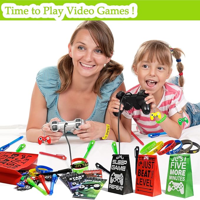 120 Pcs Video Game Party Favors Party Supplies Invisible Ink Pens Notebook Silicone Bracelet Gift Paper Bag Video Game Controller Keychain Birthday Supplies for Kids Gamer Party Favors
