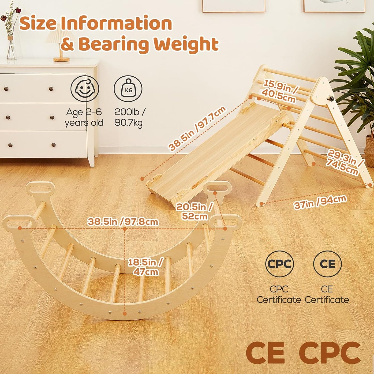 FUNLIO Foldable Pikler Triangle Set (3 Piece), Montessori Climbing Set with Solid Wood for Toddlers 2-6 yrs, Adjustable 3-in-1 Indoor Play Gym with Arch/Slide/Climbing Rock/Triangle, Easy to Install