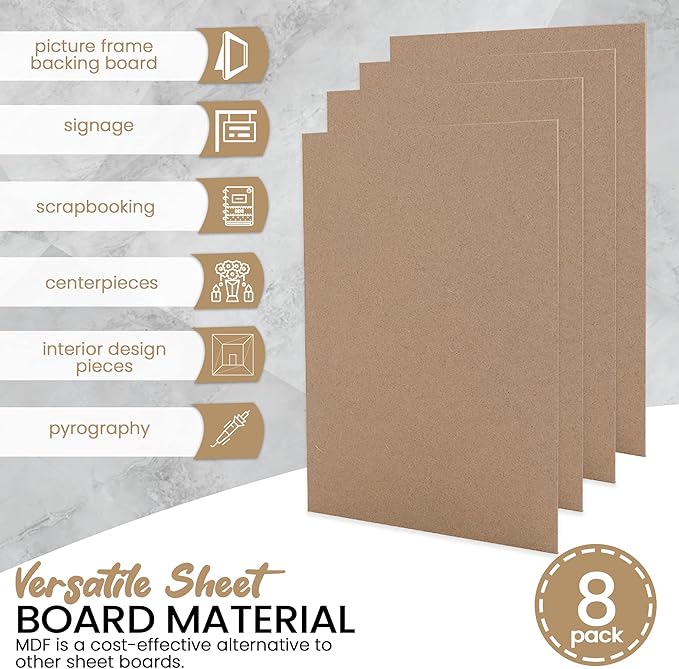 (8-Pack) CalPalmy 8” x 10” MDF Boards - 2mm Thick Boards for Carpentry, Interior Design, Hobby Crafts, and More - with Smooth, Unfinished Sides and Sanded Edges