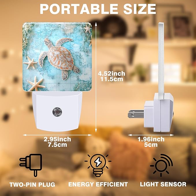Vintage Ocean Turtle Night Light, World Map Plug-in Nightlight with Dusk to Dawn Auto Sensor for Home Bedroom Hallway Kitchen 0.5W Sleep Friendly Led Lamp for Women Men
