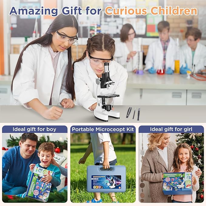 100X-1200X Kids Microscope Kit for Children: Compound Microscope for Kid STEM Biology Discovery - Science Experiments Microscopio Set with Metal Frame, Carrying Box Educational Gift for Child 8-12