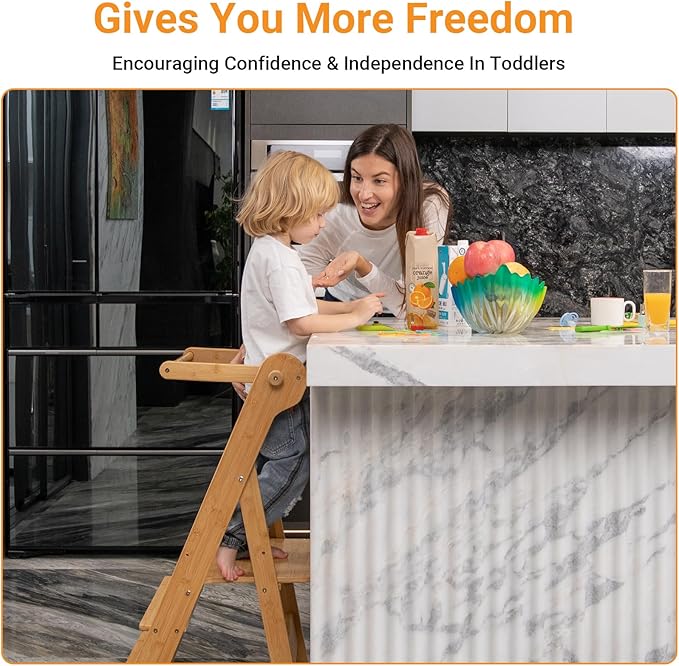 COSYLAND Foldable Toddler Standing Tower - Adjustable Height Folding Step Stool Kids Toddler Kitchen Stool Helper for Learning and Cooking - Ages 18 Months to 6 Years with Safety net Natural