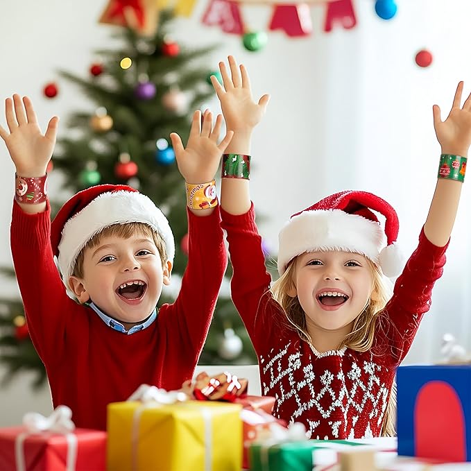 Childom 36 Pcs Christmas Slap Bracelet,Xmas Bracelet Gifts,Christmas Decorations,Birthday Goodie Bag Stuffers for Party Favors,Bracelets Bulk for Birthday Holiday School Classroom Prizes Outdoor