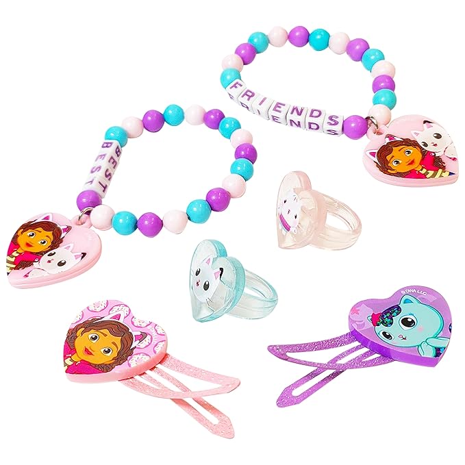 LUV HER Gabby's Dollhouse Girls BFF 6 Piece Toy Jewelry Box Set with 2 Rings, 2 Bead Bracelets and Snap Hair Clips Ages 3+