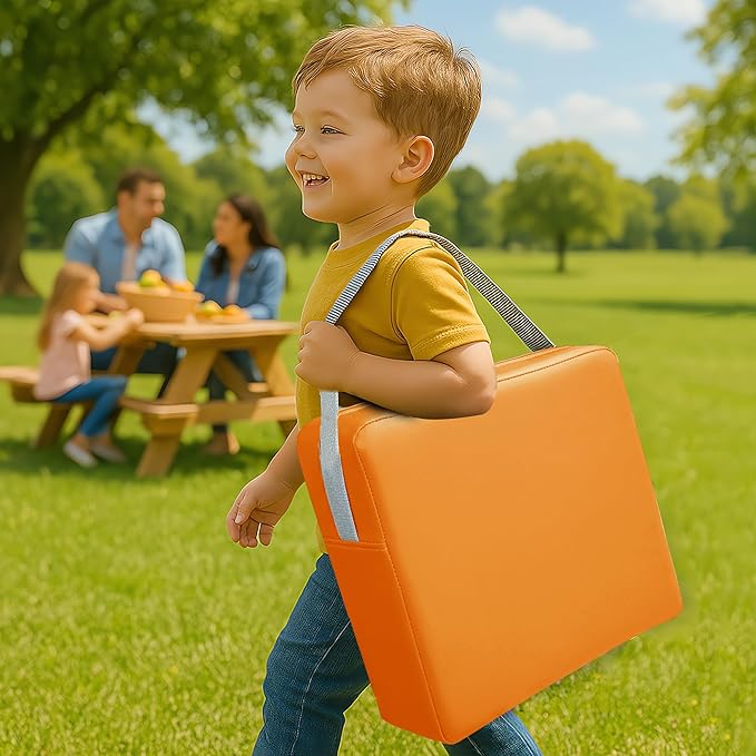 Toddler Booster Seat for Dining Table, 2 Elastic Seat Belts, Anti Scratch PU Skin-Friendly, Waterproof, Anti-Wrinkle, Detachable Non-Slip Bottom - Orange