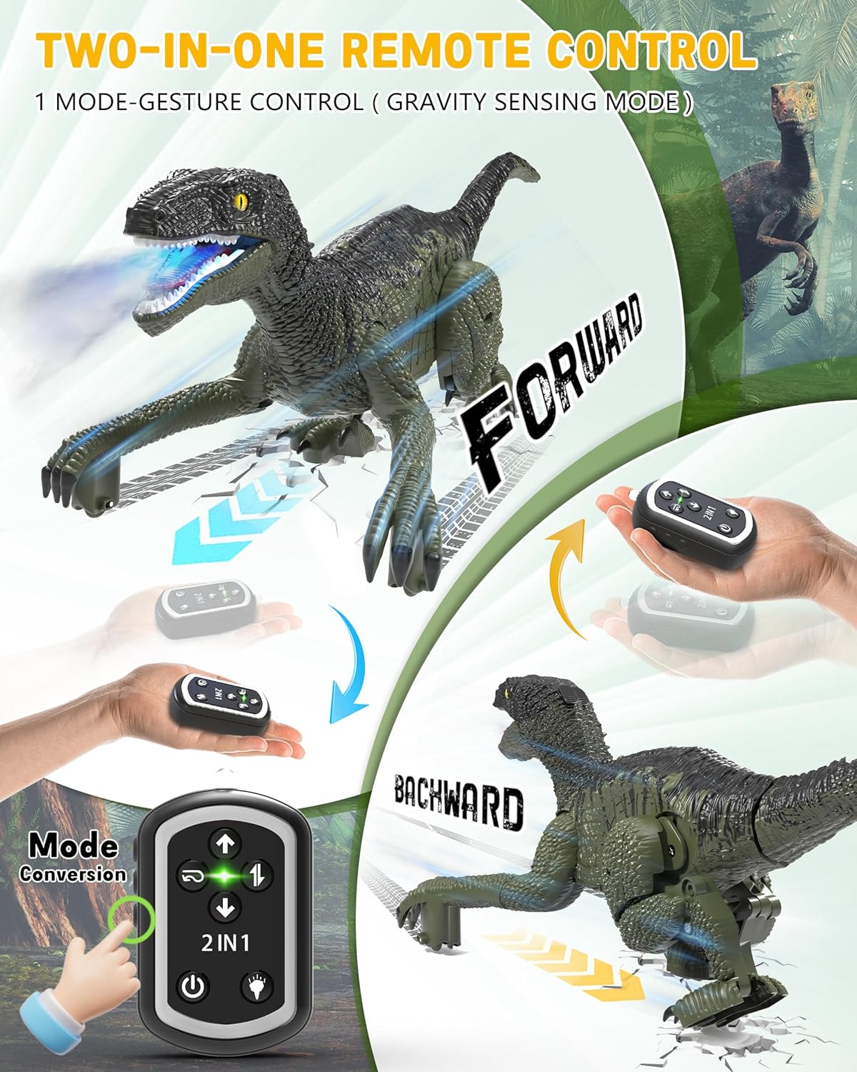 Eulogia RC Dinosaur Car for Kids, Walking Dinosaur Toy with 2-in-1 Remote, Gesture-Sensing & Remote Control Dino Car with Light, Spray, Roaring Sound, Robot Dino Pet Toys Gift for Boys Girls