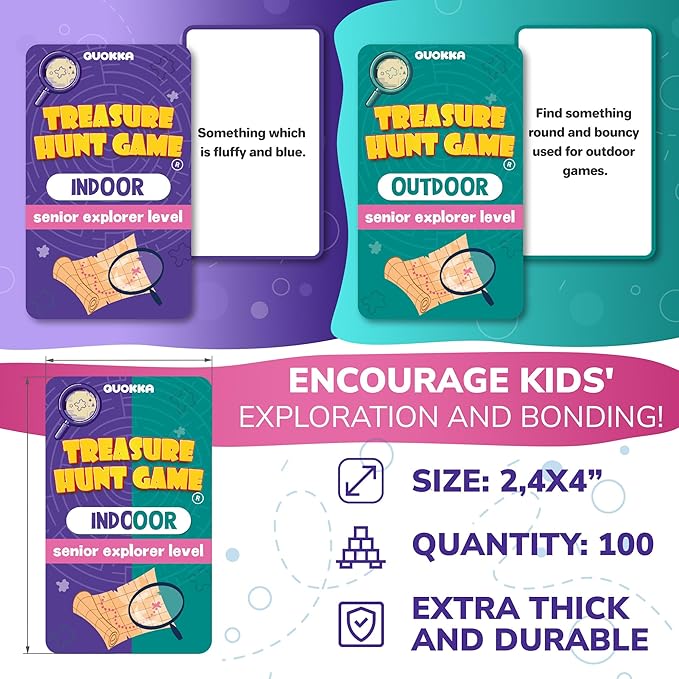 QUOKKA Scavenger Hunt for Kids Ages 4-8 - Treasure Hunting Outdoor Games for Kids 8-12 - 2 Walkie Talkies 2 Bags - 200 Outdoor & Indoor Cards - 3 Bracelets