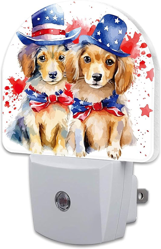 USA Flag Dog Couple Night Light Plug into Wall, American Patriotic Cute Dogs Dusk to Dawn Night Light Plug in,0.5w Energy Saving Sleep Friendly NightLight for Kids Boys Girls Home Decor