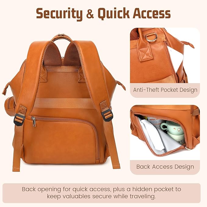 Premium Vegan Leather Diaper Bag Backpack with Waterproof Changing Pad – Reinforced Stitching & Zippers, Baby Bag for Boy Girl, Stroller Straps, Ergonomic Design for Traveling Moms, Brown