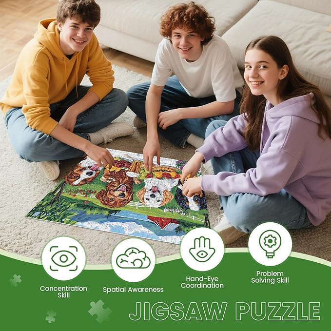 1000 Piece Puzzle for Adults Picnic Puppy Jigsaw Puzzles 1000 Pieces Reusable, Puzzles Fit for Family, Parents and Friends Gatherings